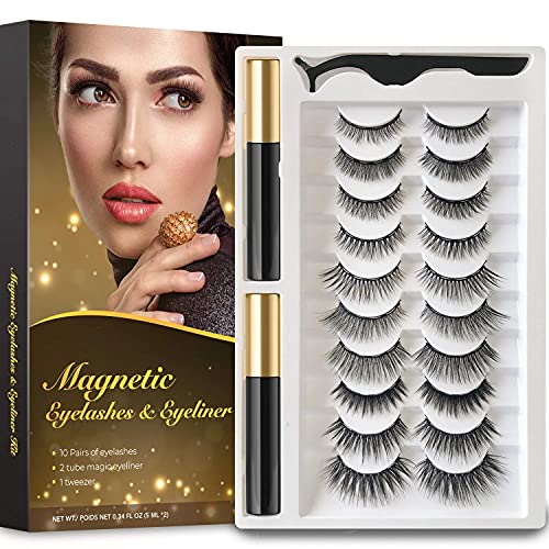 Rossy Magnetic Eyelash and Eyeliner Kit 10 Pairs 3D 5D Magnetic Eyelashes with 2 Special Magnetic Eyeliners and 1 Tweezer, Easy to Apply with Natural Look