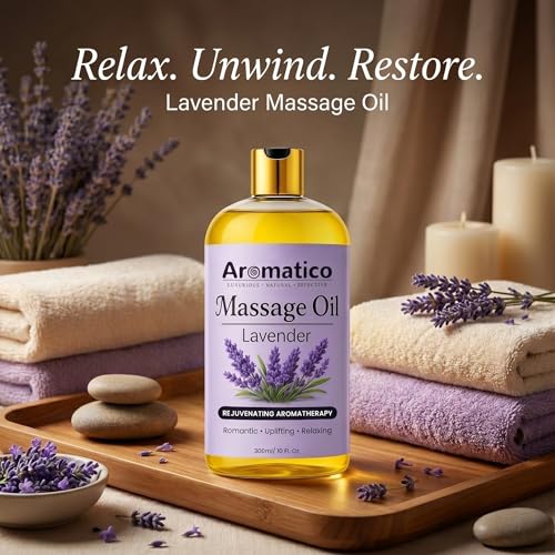 Image of AROMATICO Lavender Relaxing Massage Oil - Body Massage Oil with Almond, Jojoba & Sesame for Stress Relief, Better Sleep & Full Body Care | 300ml