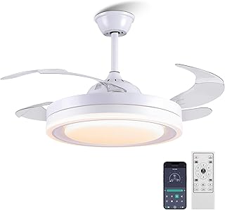Retractable Ceiling Fan with Lights-Dimmable Modern Retractable Ceiling Fans with APP Control and Remote Control- 42'' Enclosed Ceiling Fans with LED Lighting，Ceiling Fans for Bedroom