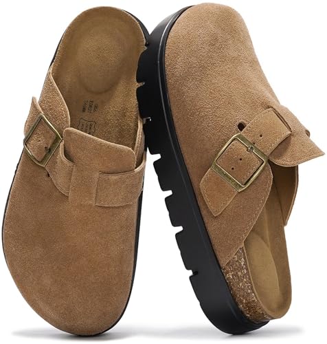 Project Cloud 100% Genuine Leather Platform Clogs for Women Footwear - Memory Foam Arch Support Cork Footbed Casual Shoes & Mules for Women 2026 (Benton Chunky, TAN, 7)