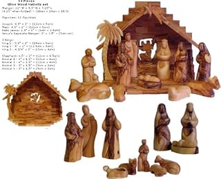 Faceless Olive Wood Nativity Set - Bethlehem Craft, 12-Piece, 11" W x 9.5" H x 7.25" L