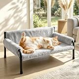 Pawaboo Elevated Cat Couch Bed for Indoor Cats, Sturdy Metal Frame Cat Sofa | Cat Bed Furniture with Removable Washable Cover, Reclined Backrest, Fluffy Raised Pet Sofa Kitten Hammock Chair Home, Gray