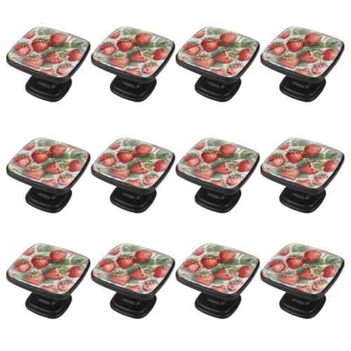 IROLSKDNFH Vintage Strawberry Red Berry Seamless Pattern 30MM Square Glass Cabinet Knobs, Kitchen Knobs for Drawer Dresser Cupboard Wardrobe Modern Pulls Handles Hardware, 12 Pack -  wuliangping9955
