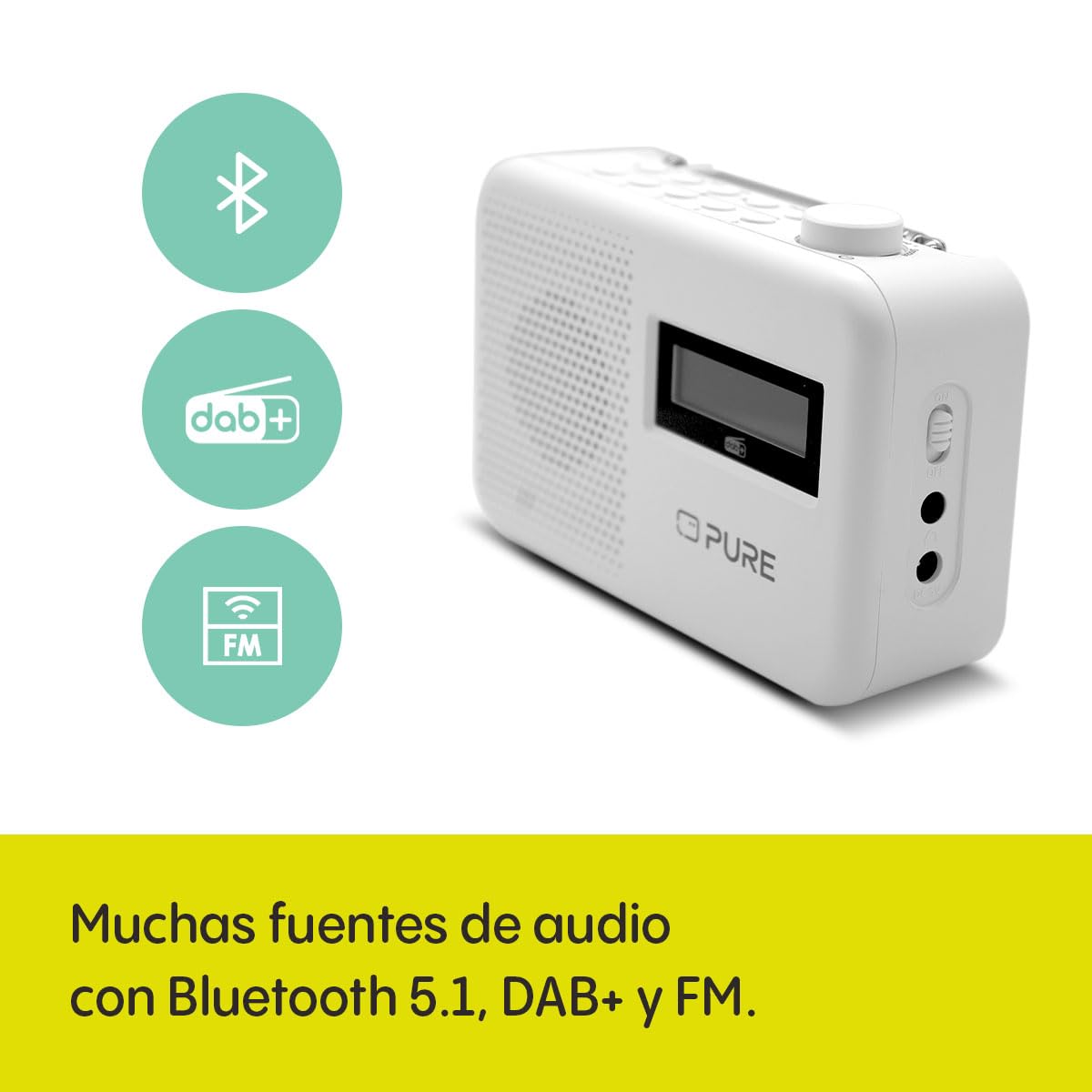 Pure Elan One2 Radio Portátil Dab+/FM con Bluetooth 5.1 (Pantalla LCD, 10 Botones de Memoria, Funciona con 4 Pilas AA) Blanco Algodón