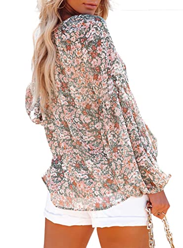 Mlebr Womens Blouses Casual Summer Sheer Long Sleeve With Elastic Cuffs Tops V Neck Floral Printed Blouses Tops Tunic Shirts L #TOP4
