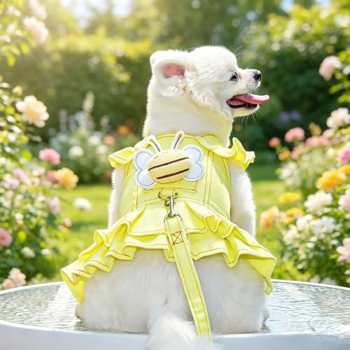 Layheld Cat Puppy Costume Cute Jelly Denim Dress with Leash Bee Plush Puff Sleeves Snap Closure Breathable Mesh Cute Pet Outfits Party Wear Photoshoot for Kitten Small Dog (Yellow,X-Small)