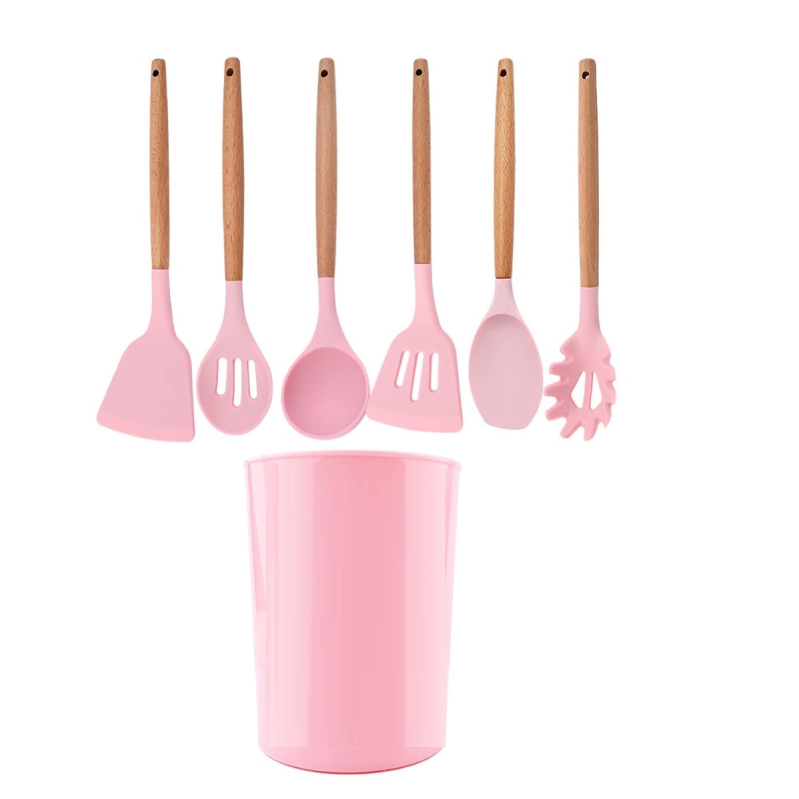 GTHTUHFD Cooking Spatulas And Spoons,Spoon Setcooking Utensils Set Silicone Kitchen Utensil Nonstick Cooking Utensils Wooden Handle Cookware Baking Gadget Set,Pink 7pcs