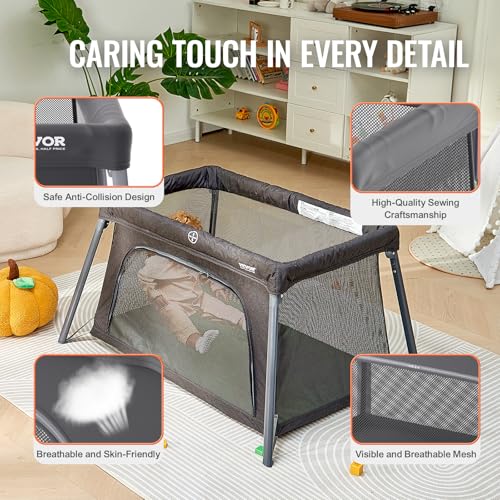 Image of VEVOR Baby Travel Crib and Play Yard, Folding Baby Playpen with Zipper Gate & Soft Mattress, Portable Toddler Crib with Breathable Mesh, Travel Bag, Indoor /Outdoor Kids Activity Center for 0-36 Months