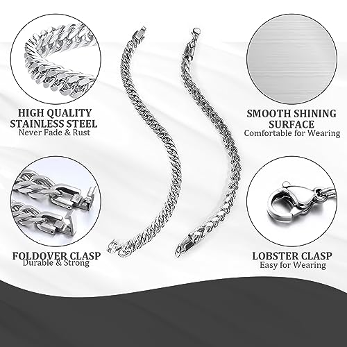 Silber Armband & Kette Set für Herren: 4 Armbänder (2x Edelstahl, 2x Silber) & 1 Silberkette (60cm)