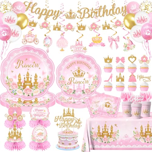 196Pcs Princess Birthday Party Decorations Serves 24,Pink Princess Birthday Themed Tableware Includes Scalloped Plates,Napkins,Tablecloth,Banner,Balloon,Cake Topper for Girls Princess Party Supplies