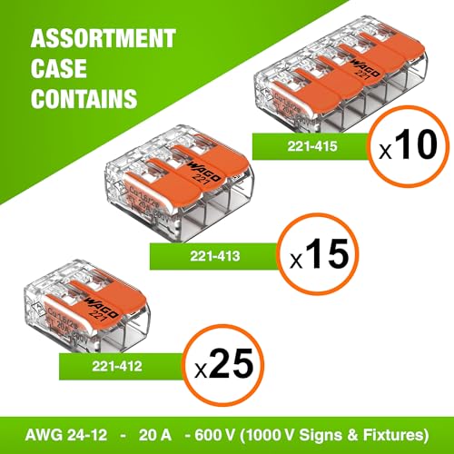 WAGO 221 Series 50pc Compact Splicing Wire Connectors | Includes (25x 221-412) (15x 221-413) (10x 221-415) | WAGO Wire Connectors | Electrical Splicing Lever Nuts | 221 Series Lever Nuts | 2-3-5 Ports - Thumbnail 2