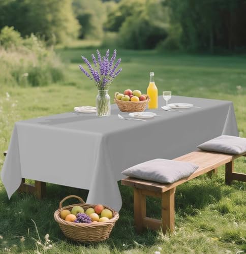 Image of SietDESEO 2 Pack Silver Plastic Tablecloth Rectangle 54 x 108 Premium Disposable Table Cloth Plastic Table Cover for Wedding Baby Shower Party Supplies Silver Tablecloth Disposable