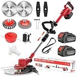 Rasentrimmer mit Akku und Unkrautbürste,21V Akku Rasentrimmer für Makita Akkus,Inkl 2X4.0Ah Akku & Ladegerät,5 Klingentypen,90°Drehkopf,Teleskop,Verstellbarer,für Garten Unkraut Entferner Gerät,Rot