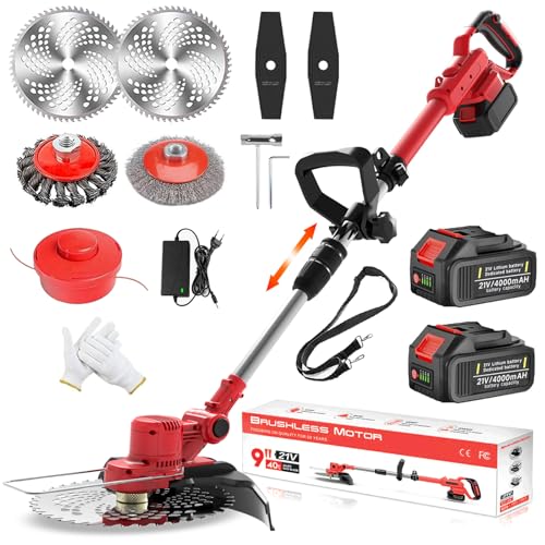 Rasentrimmer mit Akku und Unkrautbürste,21V Akku Rasentrimmer für Makita Akkus,Inkl 2X4.0Ah Akku & Ladegerät,5 Klingentypen,90°Drehkopf,Teleskop,Verstellbarer,für Garten Unkraut Entferner Gerät,Rot