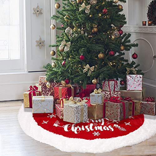 DR.DUDU 48 Inches Christmas Tree Skirt, Red Double Layers Xmas Tree Decor for Christmas Winter Holiday Home Party Decoration