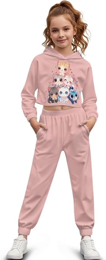 Rnyleeg Girls Clothes 2 Piece Outfits Cropped Hoodies Fall Winter Matching Sets Soft Sweatshirts and Sweatpants with Pockets