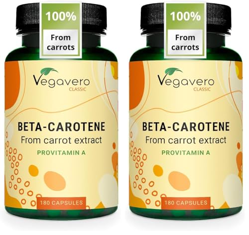 Image of Vegavero Beta Carotene | 180 Capsules | Tan Accelerator | 100% Natural Source of Vitamin A | NO Additives, Lab-Tested | Vegan (Pack of 2)
