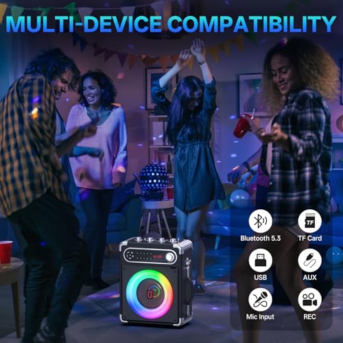 JYX Karaoke Machine with Two Wireless Microphones, Portable Bluetooth Speaker with Bass/Treble Adjustment, Remote Control and LED Lights, Supports TF Card/USB, AUX in, FM, REC for Party (Dark Blue) by JYX - Image 5
