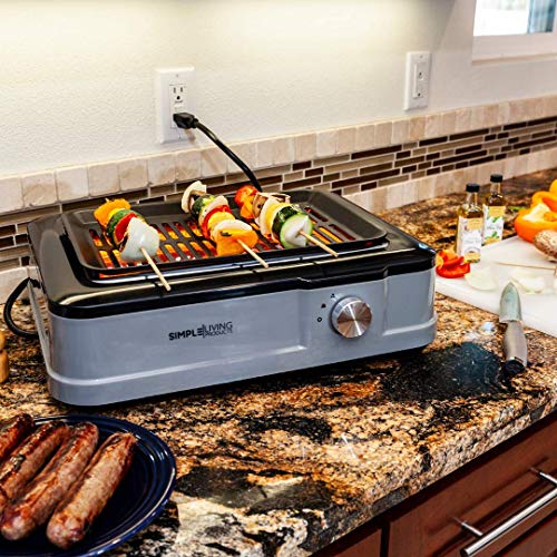 Simple Living Products Infrared Indoor Smokeless Grill, Non Stick Cooking Surface, Smokeless Indoor BBQ Grill, Custom Recipe Cookbook, 1800 Watts (Grey)