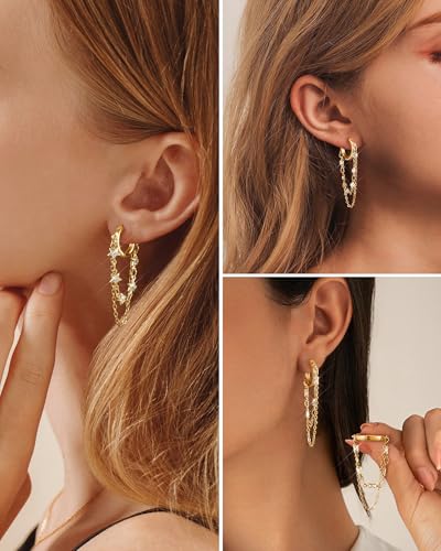 Tassel Chain Small Gold Hoop Dangle Earring For Women Huggie Earring Heart Star CZ 14K Gold Plated Fashion Jewelry Friendship Gift4