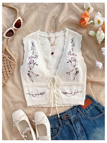 MakeMeChic Women's Floral Embroidery Cardigan Sweater Bow Tie Front Sleeveless Crop Outerwear4