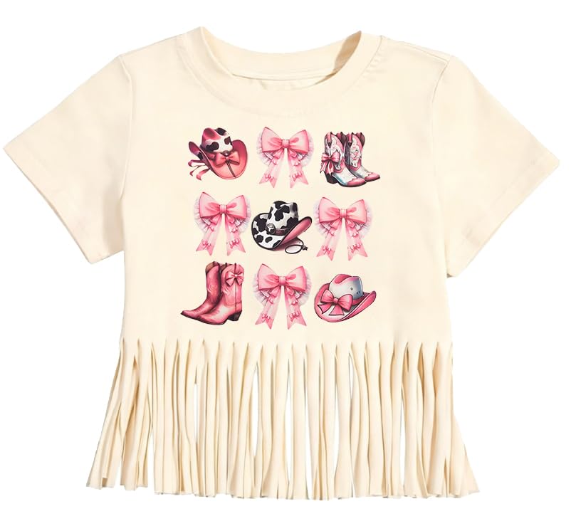 Image of Girls Western Shirt Cowgirls Embroidered Country Concert T Shirt Graphic Horseback Rider Tassel Fringe Tee Tops