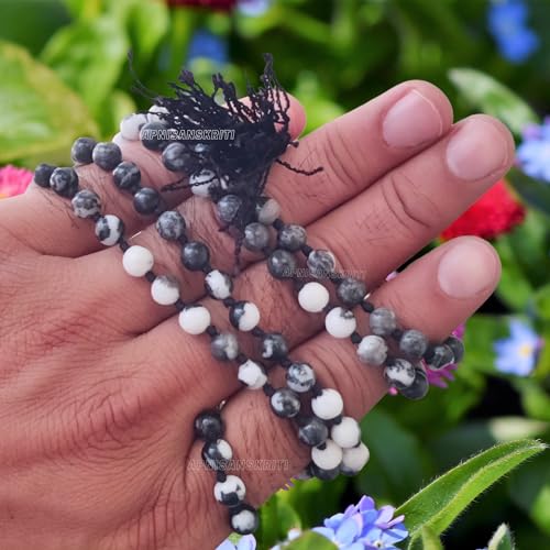 Image of Apnisanskriti Premium Zebra Jasper Stone Mala for Men and Women (6mm, AAA Quality, Lab Certified, 108+1) - Natural Stone Beads Mala - Black & White Bands Colour - Pack of 1