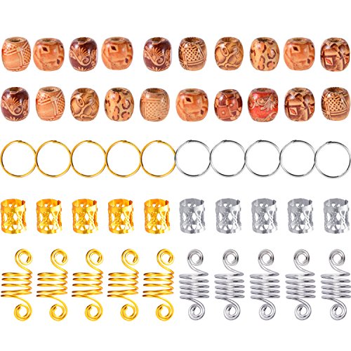 Pangda 120 Pieces Hair Dreadlocks Braid Rings Metal Hair Cuffs Wooden Hair Beads, 4 Styles, Assorted Colors