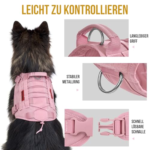 OneTigris Hundegeschirr Mittelgroße Kleine Hunde, FIRE Watcher Taktische Geschirr mit Griffe und D-Ring No Pull Verstellbar Brustgeschirr für Wandern und Trainieren (S, Rosa)