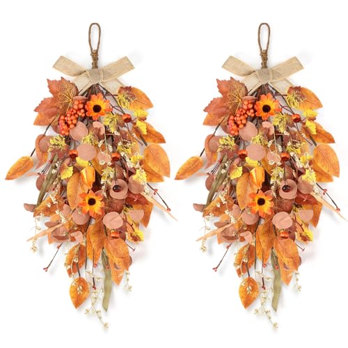 2 Pcs 24 Artificia Fall Teardrop Swag Autumn Harvest Sunflowers Pumpkins Leaves Berries Door Swag Hanging Flower Wreath for Thanksgiving Fall Front Door Window Wall Decor