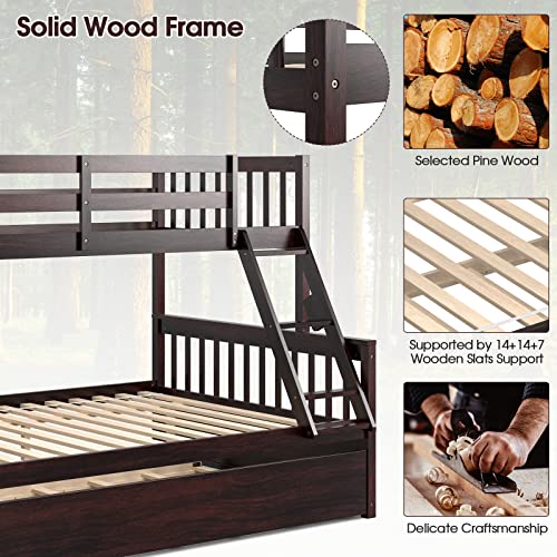 Komfott Wood Bunk Bed With Trundle Twin Over Full, Bunk Bed Frame With Solid Pine Wood Frame, Space-Saving Bunk Bed With Ladder & Safety Guardrails, No Box Spring Needed  #TOP5
