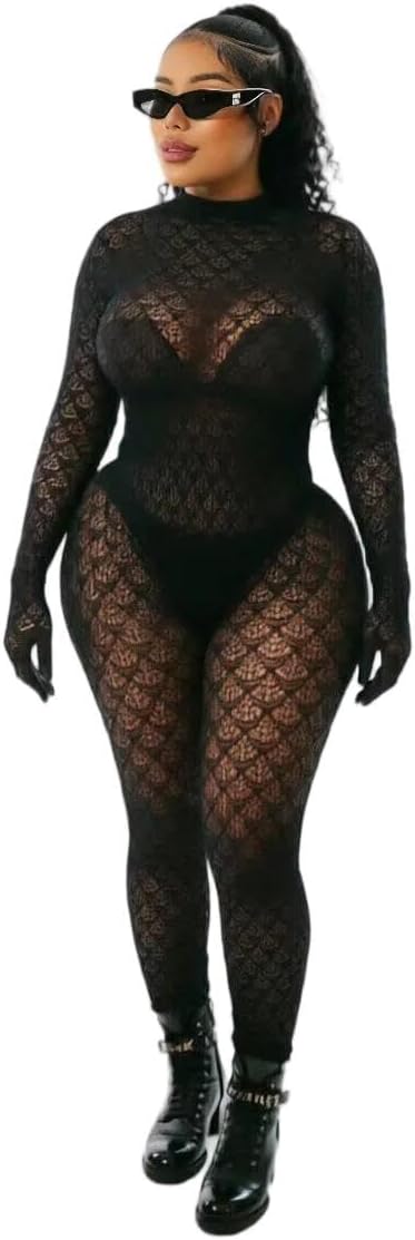 KIZOIEJE Bodystocking for Women Long Sleeve See Through Jumpsuits Sexy Backless Oufits Clubwear