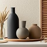 Ceramic Vase Set of 3, Vases Home Decor, Neutral Rustic Modern Farmhouse Decor, Pottery Vases for Pampas Grass Dried Fresh Flowers, Living Room Kitchen Bedroom Bathroom Entryway Mantel Shelf (Black)