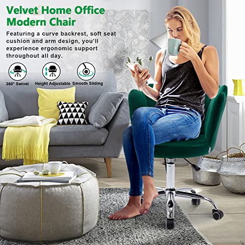 Home Office Desk Chair, Adjustable Swivel Mid Back Office Chair Velvet Upholstered Vanity Chair Cute Chair With Wheels Modern Accent Chairs For Bedroom, Living Room, Vanity Room (Green) #TOP3