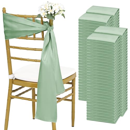 fani 120 PCS Satin Chair Sashes, 7x78 Inch, Sage Green