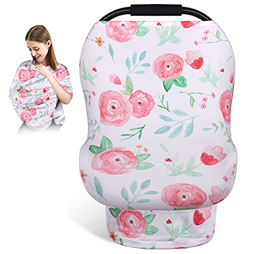Baby Car Seat Covers, Infant Carseat Canopy Stretchy, Nursing Cover Breathable Breastfeeding Scarf Soft, 4 in 1 - Baby Carrier/Shopping Cart/Stroller/High Chair Cover, Newborn Boys Girls Shower Gift