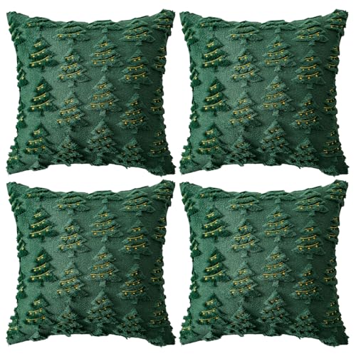 4 Pcs Christmas Throw Pillow Covers 18x18, Soft Faux Fur Pillow Cases Holiday Decorations, Fluffy Plush Accent Couch Cushion Case for Festivals Winter Sofa Living Room Home Decor(Green Tree)