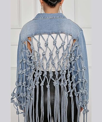 Sexyshine Women's Long Fringe Cropped Denim Jacket Back Hollow Out Knotted Tassel Distressed Blue Button Down Jean Coat4
