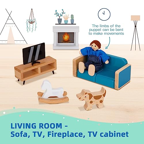 Oook BC919 Wooden Dollhouse For Kids, Doll House With Simulated Luxury Furniture Set, Dollhouse Playset For Girls Toddlers  thumb #3