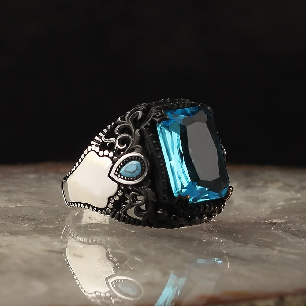 BayVog 925 Sterling Silver Aquamarine Stone Men Silver Ring, Handmade Blue Aquamarine Stone Men's Silver Ring, Vintage Men Ring, Turkish Ottoman Men Ring, Gift for him, Mens Ring, Gift for Men