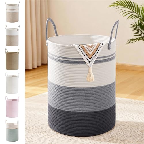 Image of 58L Tall Cotton Rope Laundry Basket with Handles, Grey Striped