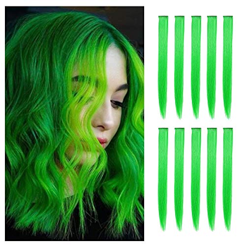 TOFAFA 22 inch Colored Hair Extensions Straight Hairpiece,Multi-colors Party Highlights Clip in Synthetic Hair Extensions (10pcs Green)