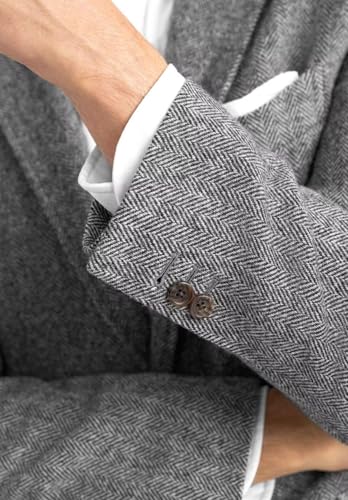 Men's V-Neck Tweed Blend Blazer Vintage Slim Fit Herringbone Sports Jacket with Pockets4