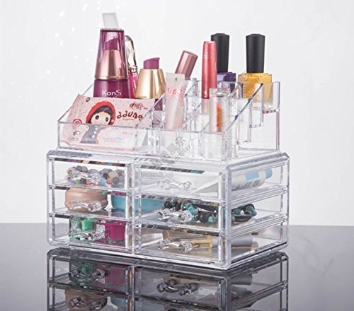 Acrylic Jewelry & Cosmetic Makeup Storage Display Boxes Two Pieces Set | Makeup Organizer Jewelry Watches Display Cube Case | Great for Lipsticks Nail Brushes and Bathroom Accessories | 6 Drawers