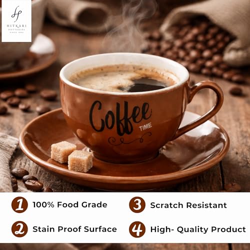 Image of Hitkari Porcelain Cup Saucer Set of 6 for Tea 220 Ml 6 Cups & 6 Saucers | 12 Piece Tea Coffee Set | Elegant Glossy Finish Teaware Microwave & Dishwasher Safe Colors CS3 - Brown