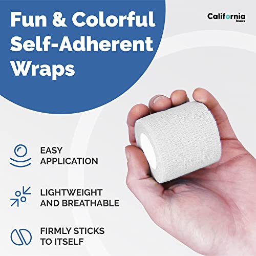 Image of California Basics Self Adhesive Bandage Wrap - Self Adhering Non Woven Cohesive Bandage Rolls - Stretch Wrap - Multi Colored Athletic Tape for Wrist - Waterproof (2 inch- 12 Pack- White)