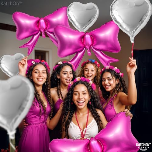 Image of KatchOn Silver Foil Heart Balloons Set - 25 Inch, Pack of 8 | Pink Bow Balloons, Heart Shaped Balloons for Galentines & Valentines Day Decorations