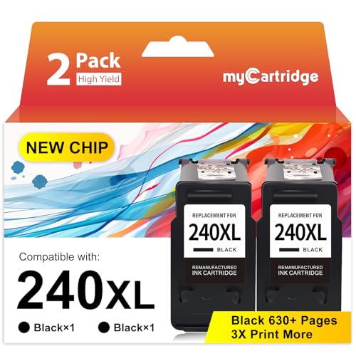 myCartridge 240XL Black Ink Cartridge Remanufactured for Canon PG-240 XL PG240 – 2 Pack High Yield Compatible with MG3620 MG2120 MG3120 TS5120 MX472 Printer
