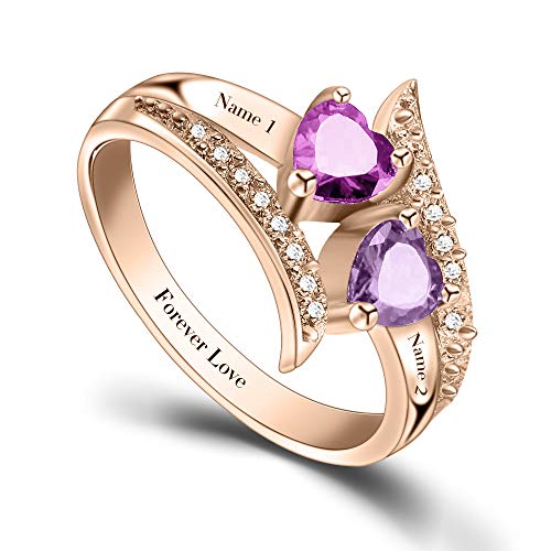 ORFAN Personalized Promise Rings for Her Custom Couples Name Ring for Women Mother Rings with 2 Simulated Birthstones Customized for Her (Rose Gold)