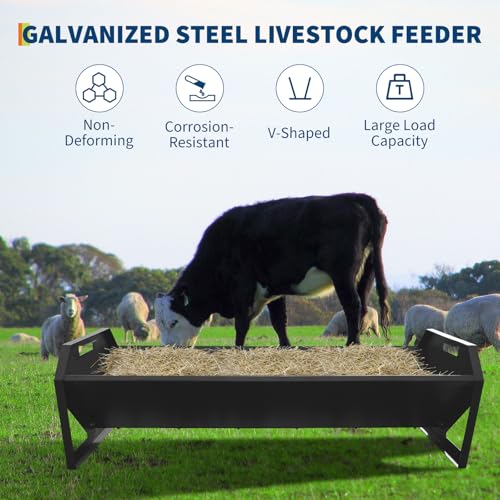 ActiveTrail 22 Gallon Capacity Livestock Feeder, 45\" Hay Feeder for 10 Sheep Once, Heavy Duty Steel Livestock Feeding Trough for Horse, Goat, Sheep, Cattle, Cow, Alpaca, Black